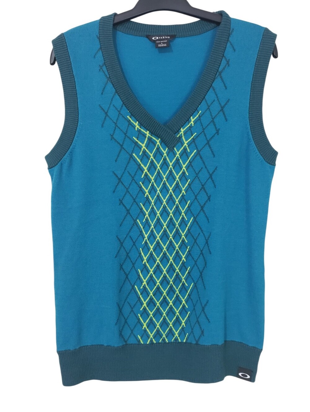 Oakley Golf Top Hill V-Neck Knit Sweater Vest Teal Blue / Neon Green L